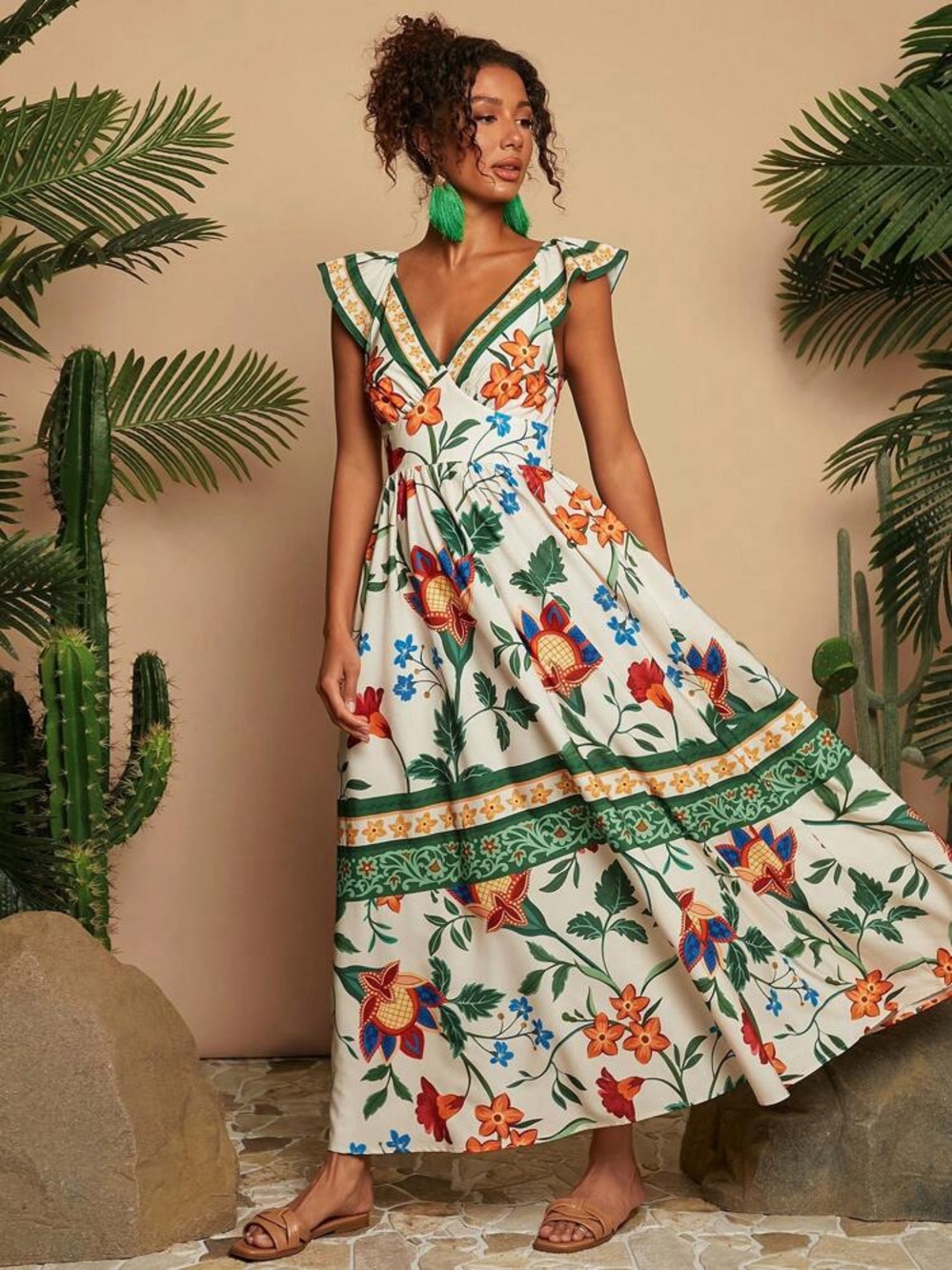 Tropical Floral Long Maxi Dress Size Medium Vacation Summer Boho Colorful Island